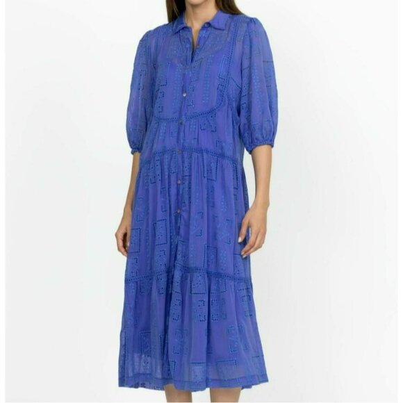 Johnny Was Sadie Embroidered Midi Shirtdress S Blue Eyelet Floral Button Up Boho - Picture 11 of 13